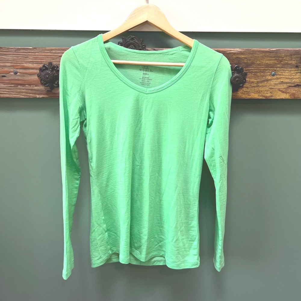 Woolx Womens Small Green Merino Wool Blend V-Neck Long Sleeve Base Layer Top